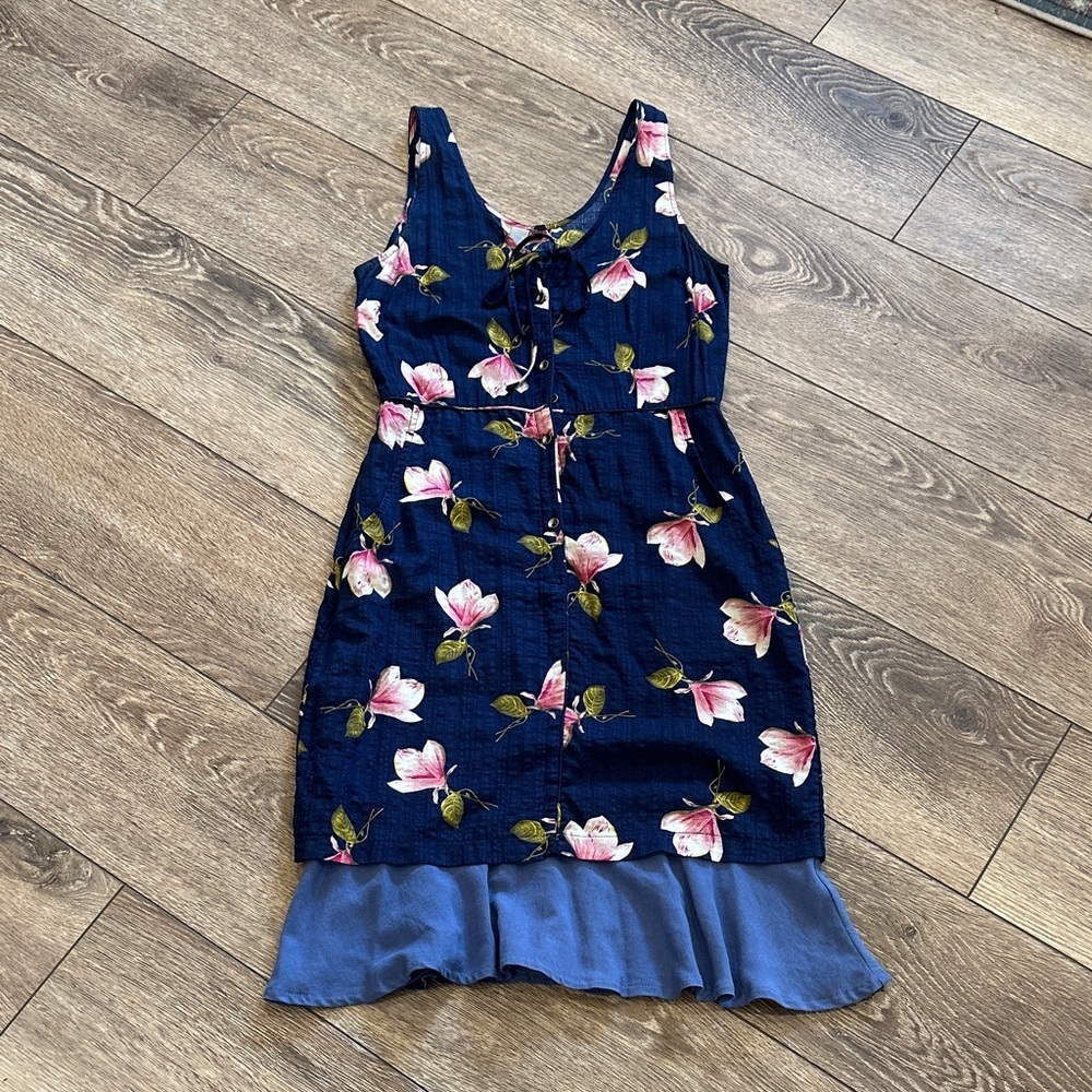 Three Stones Blue Pink Floral Dress Mini Button Front XS Cotton Layered